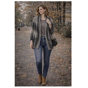 Chunky Knit Open Front Cardigan Grey Ombré Sz L/XL Oversized Cozy Baggy